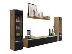 Conjunto moderno de móveis de sala 4 peças, móvel de TV 180 cm, 2 vitrinas e prateleira, corpo carvalho Wotan mate, frentes preto brilho, de pé ou suspenso