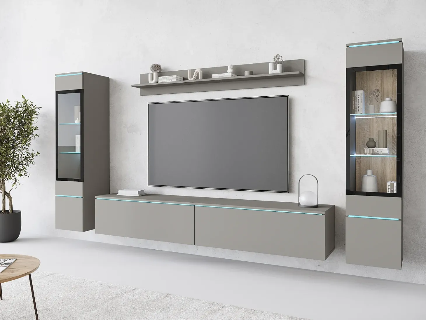 Conjunto moderno de móveis de sala 4 peças – móvel de TV 180 cm, 2 vitrinas e prateleira – estante de parede cinza paládio mate, de pé ou suspensa