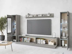 Conjunto moderno de móveis de sala 4 peças – móvel de TV 180 cm, 2 vitrinas e prateleira – estante de parede cinza paládio mate, de pé ou suspensa