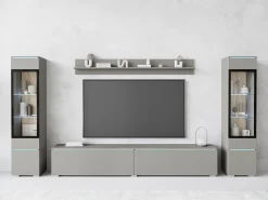 Conjunto moderno de móveis de sala 4 peças – móvel de TV 180 cm, 2 vitrinas e prateleira – estante de parede cinza paládio mate, de pé ou suspensa