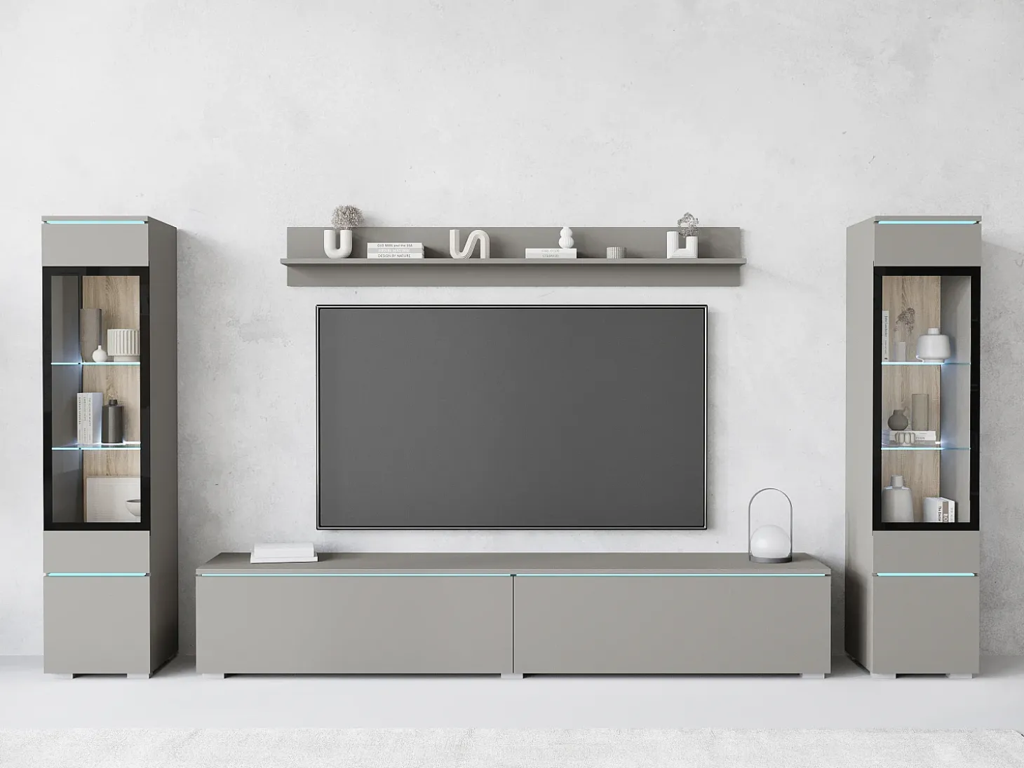 Conjunto moderno de móveis de sala 4 peças – móvel de TV 180 cm, 2 vitrinas e prateleira – estante de parede cinza paládio mate, de pé ou suspensa