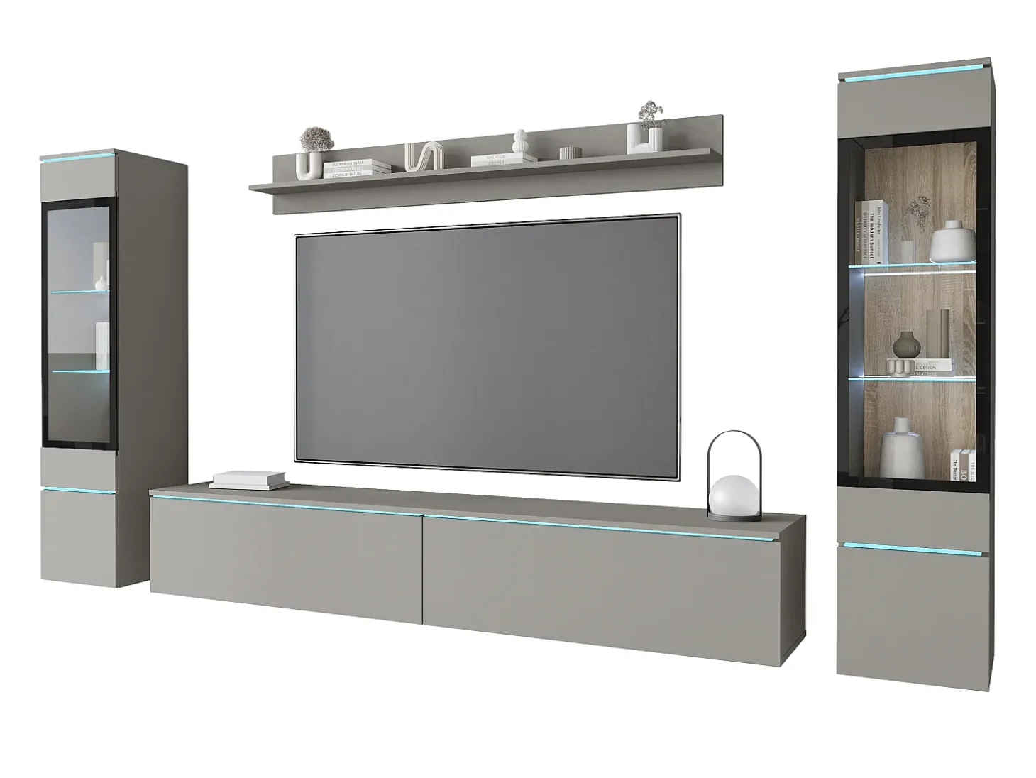 Conjunto moderno de móveis de sala 4 peças – móvel de TV 180 cm, 2 vitrinas e prateleira – estante de parede cinza paládio mate, de pé ou suspensa