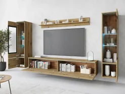 Conjunto moderno de móveis de sala 4 peças – móvel de TV 180 cm, 2 vitrinas e prateleira – estante de parede carvalho Artisan mate, de pé ou suspensa