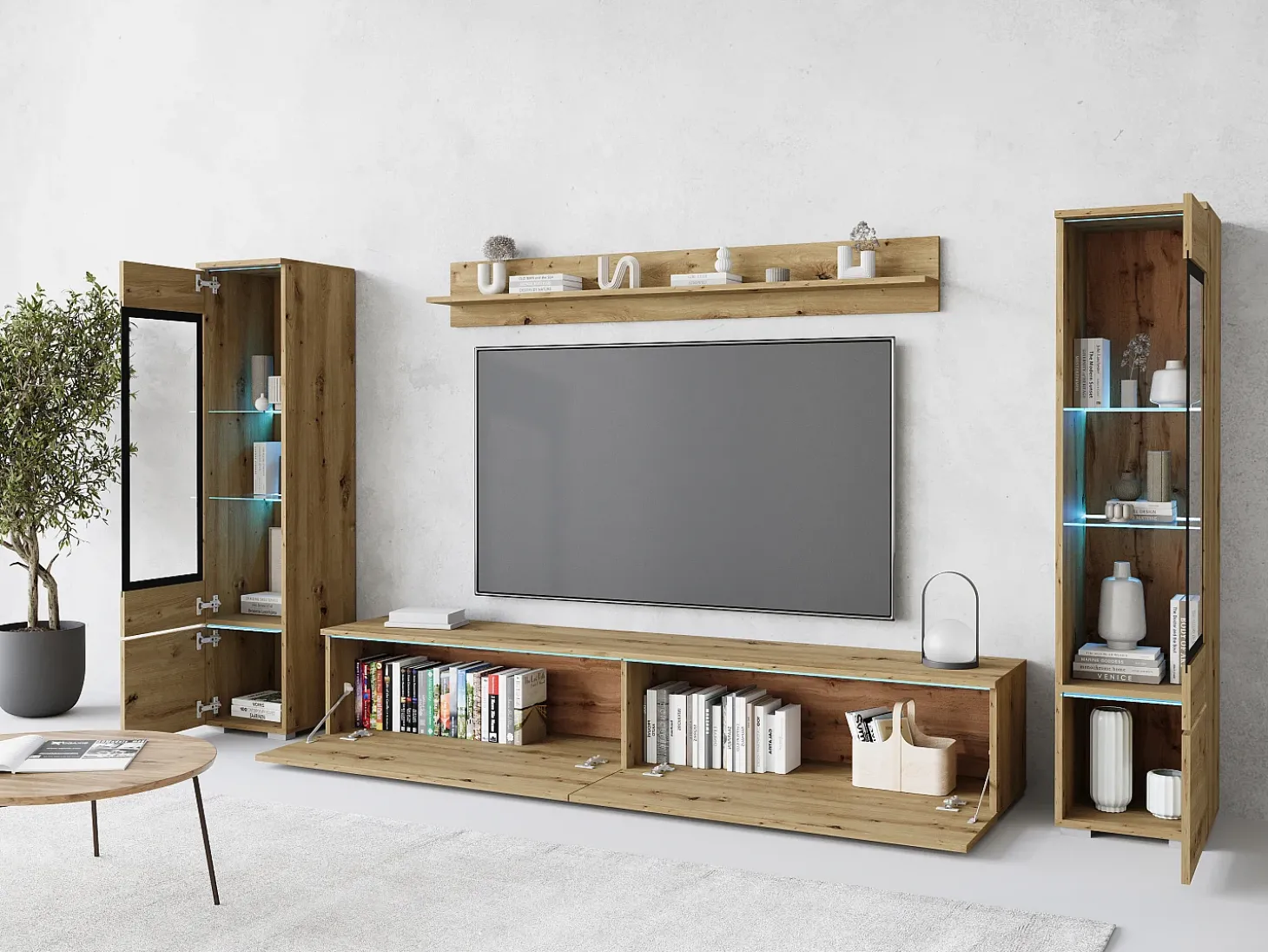 Conjunto moderno de móveis de sala 4 peças – móvel de TV 180 cm, 2 vitrinas e prateleira – estante de parede carvalho Artisan mate, de pé ou suspensa