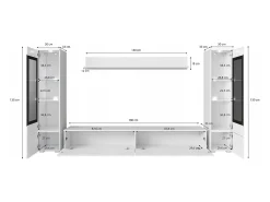 Conjunto moderno de móveis de sala 4 peças – móvel de TV 180 cm, 2 vitrinas e prateleira – estante de parede verde nevoeiro mate, de pé ou suspensa