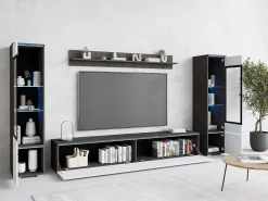 Conjunto moderno de móveis de sala 4 peças, móvel de TV 180 cm, 2 vitrinas e prateleira, corpo matera mate, frentes branco brilho, de pé ou suspenso