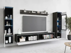 Conjunto moderno de móveis de sala 4 peças, móvel de TV 180 cm, 2 vitrinas e prateleira, corpo matera mate, frentes branco brilho, de pé ou suspenso