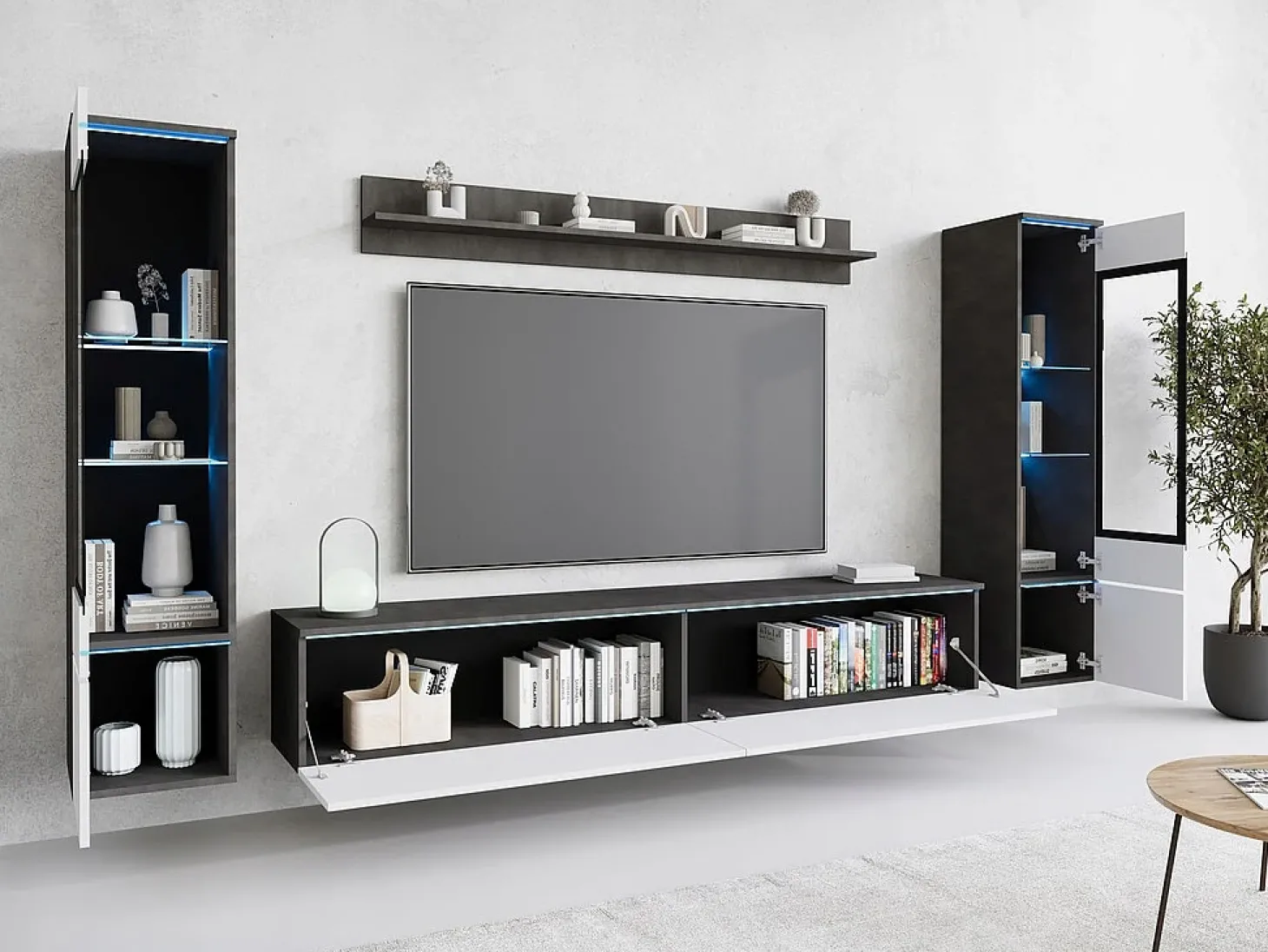 Conjunto moderno de móveis de sala 4 peças, móvel de TV 180 cm, 2 vitrinas e prateleira, corpo matera mate, frentes branco brilho, de pé ou suspenso