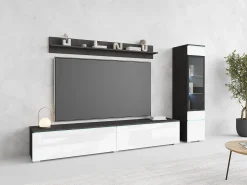 Conjunto moderno de móveis de sala 3 peças – móvel de TV 180 cm, vitrina e prateleira, corpo matera mate, frentes branco brilho, de pé ou suspenso