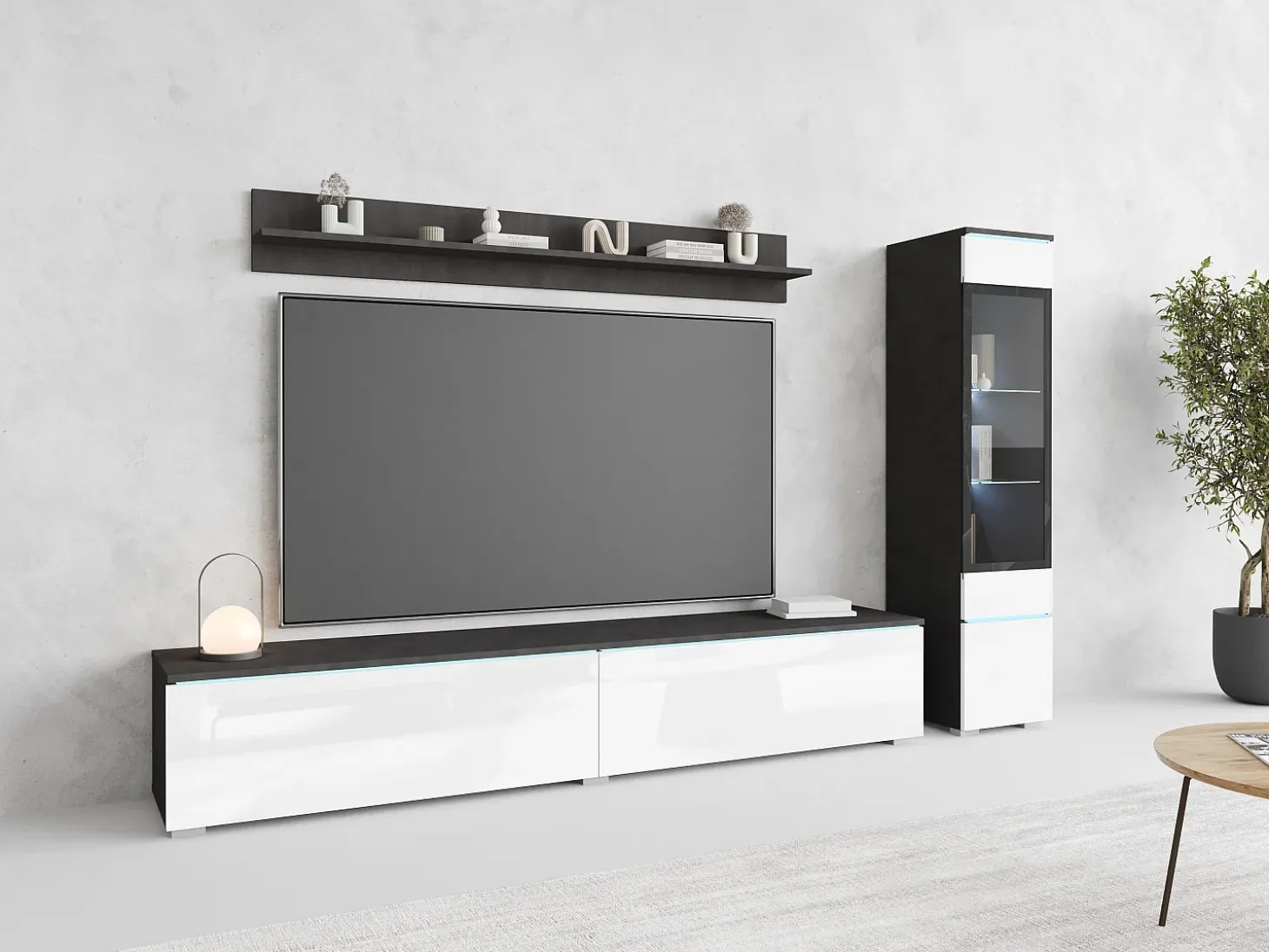 Conjunto moderno de móveis de sala 3 peças – móvel de TV 180 cm, vitrina e prateleira, corpo matera mate, frentes branco brilho, de pé ou suspenso