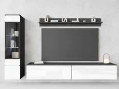 Conjunto moderno de móveis de sala 3 peças – móvel de TV 180 cm, vitrina e prateleira, corpo matera mate, frentes branco brilho, de pé ou suspenso