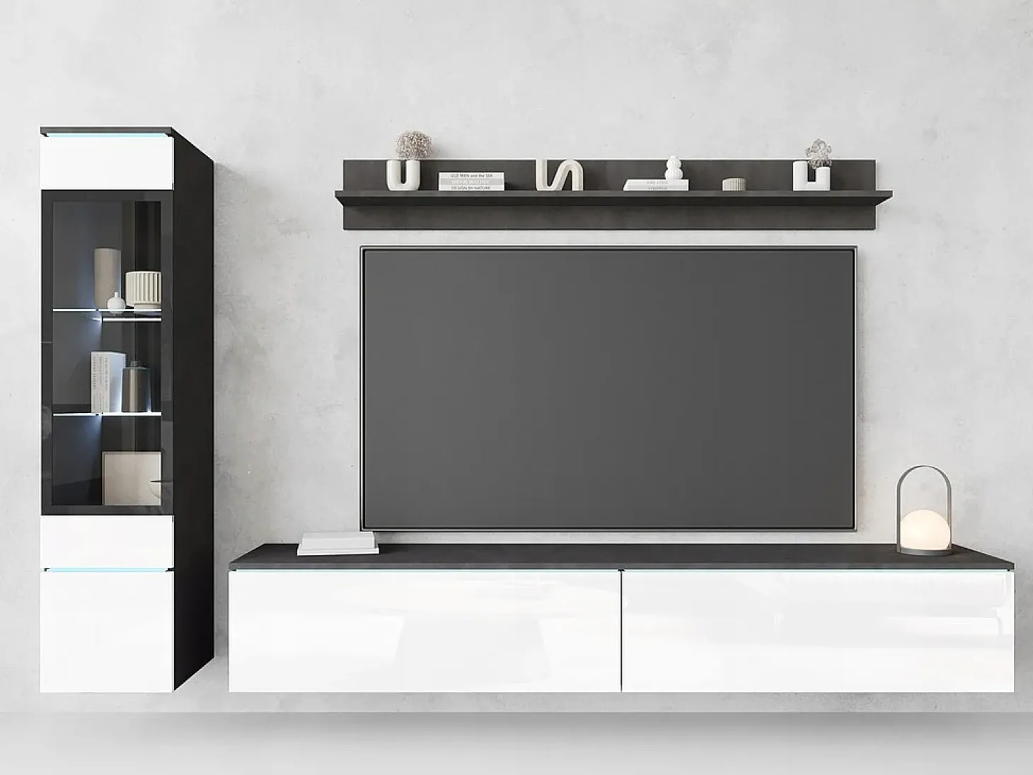Conjunto moderno de móveis de sala 3 peças – móvel de TV 180 cm, vitrina e prateleira, corpo matera mate, frentes branco brilho, de pé ou suspenso