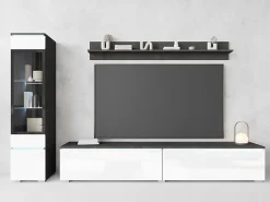 Conjunto moderno de móveis de sala 3 peças – móvel de TV 180 cm, vitrina e prateleira, corpo matera mate, frentes branco brilho, de pé ou suspenso