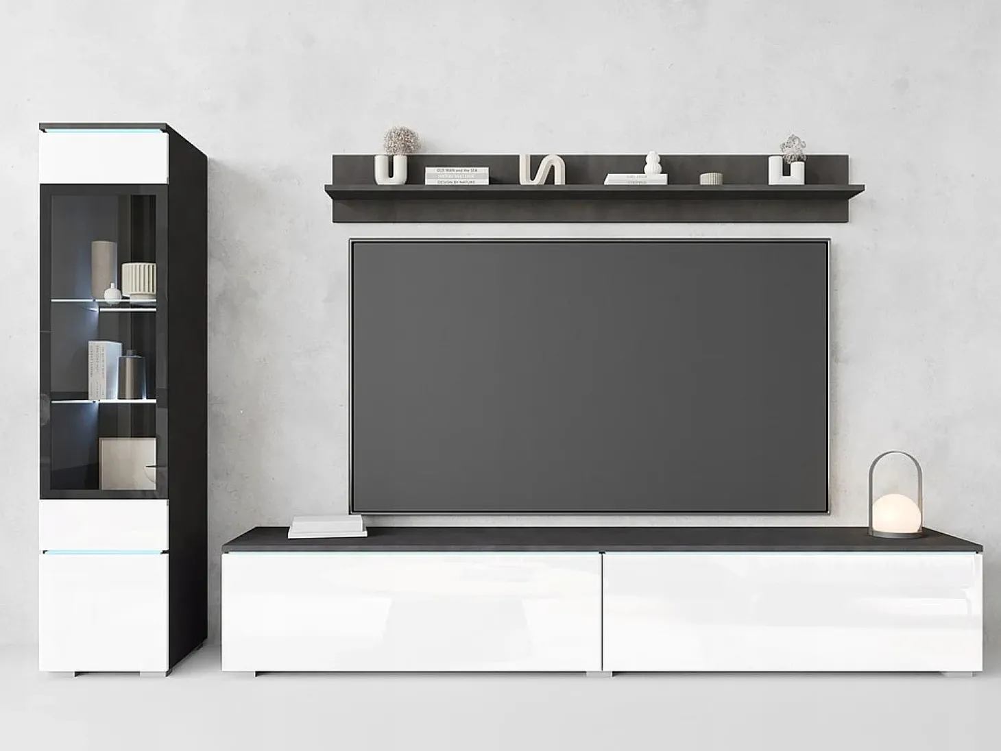 Conjunto moderno de móveis de sala 3 peças – móvel de TV 180 cm, vitrina e prateleira, corpo matera mate, frentes branco brilho, de pé ou suspenso