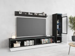 Conjunto moderno de móveis de sala 3 peças – móvel de TV 180 cm, vitrina e prateleira, corpo matera mate, frentes branco brilho, de pé ou suspenso