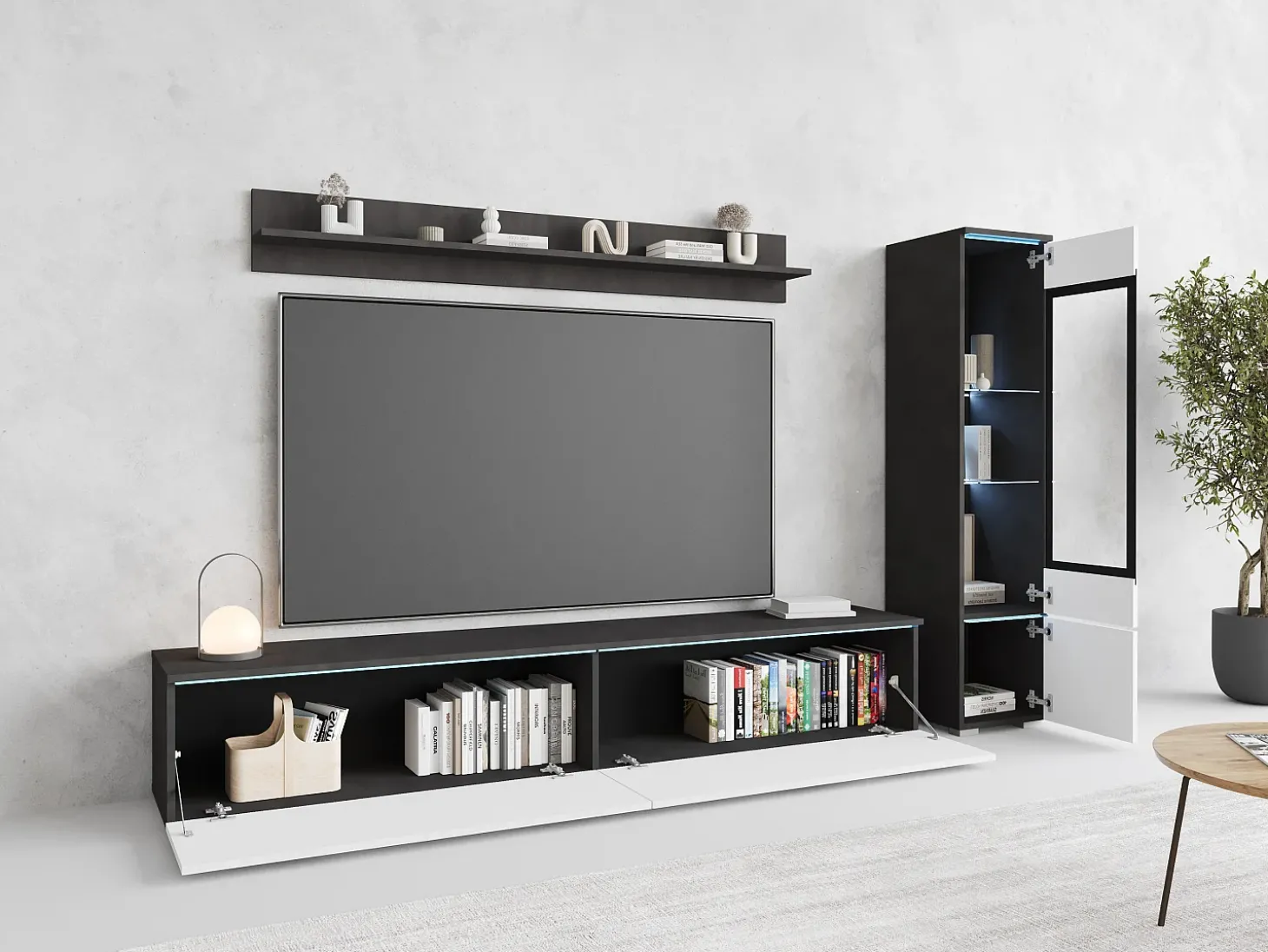 Conjunto moderno de móveis de sala 3 peças – móvel de TV 180 cm, vitrina e prateleira, corpo matera mate, frentes branco brilho, de pé ou suspenso