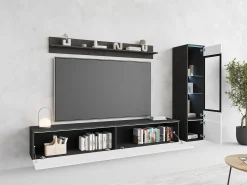 Conjunto moderno de móveis de sala 3 peças – móvel de TV 180 cm, vitrina e prateleira, corpo matera mate, frentes branco brilho, de pé ou suspenso