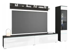 Conjunto moderno de móveis de sala 3 peças – móvel de TV 180 cm, vitrina e prateleira, corpo matera mate, frentes branco brilho, de pé ou suspenso
