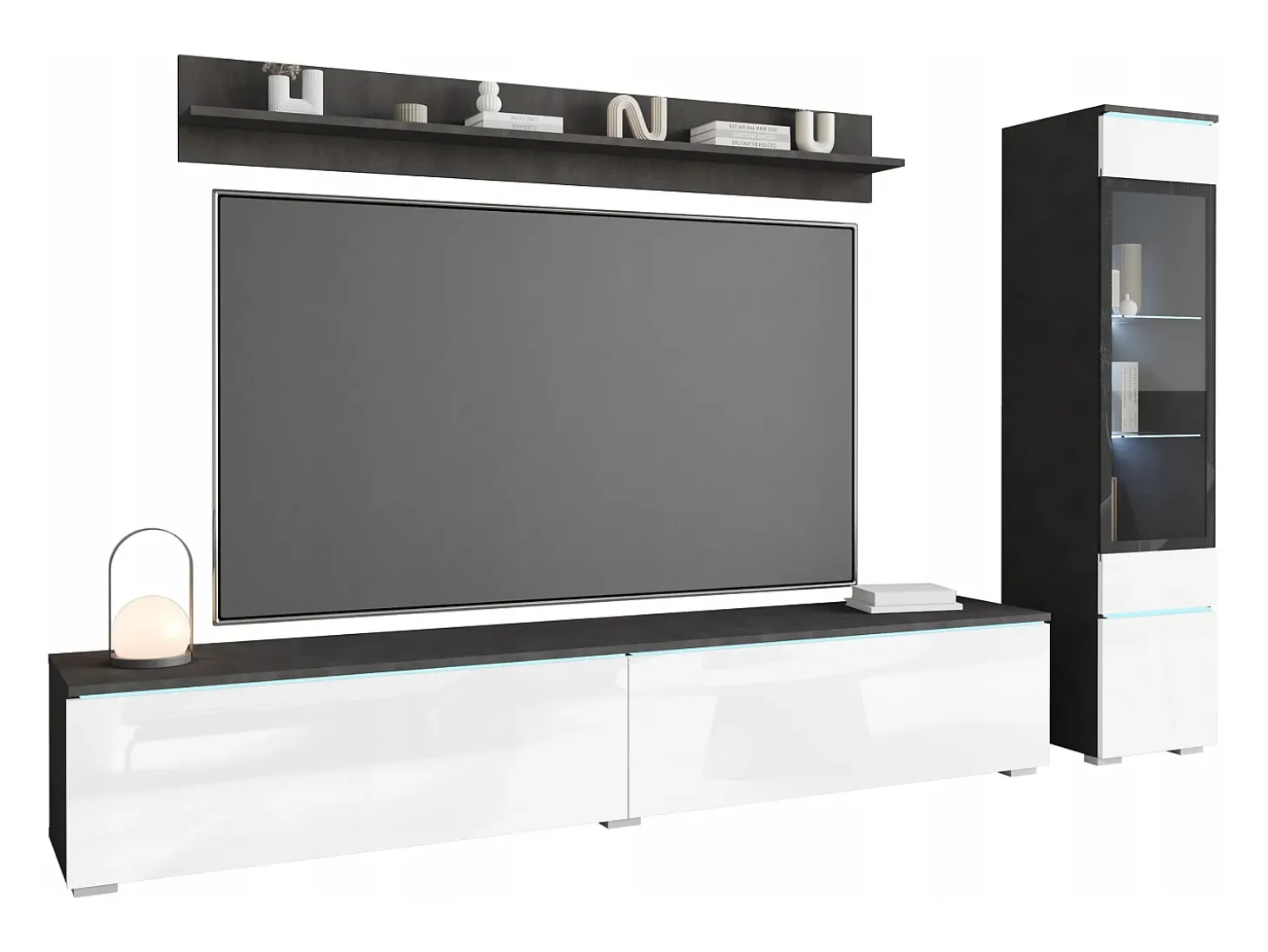 Conjunto moderno de móveis de sala 3 peças – móvel de TV 180 cm, vitrina e prateleira, corpo matera mate, frentes branco brilho, de pé ou suspenso