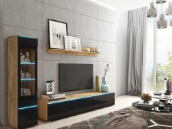 Conjunto moderno de móveis de sala 3 peças – móvel de TV 180 cm, vitrina e prateleira, corpo carvalho Wotan mate, frentes preto brilho, de pé ou suspenso