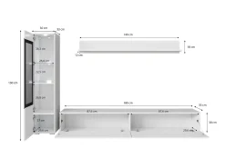 Conjunto moderno de móveis de sala 3 peças – móvel de TV 180 cm, vitrina e prateleira, corpo carvalho Wotan mate, frentes preto brilho, de pé ou suspenso