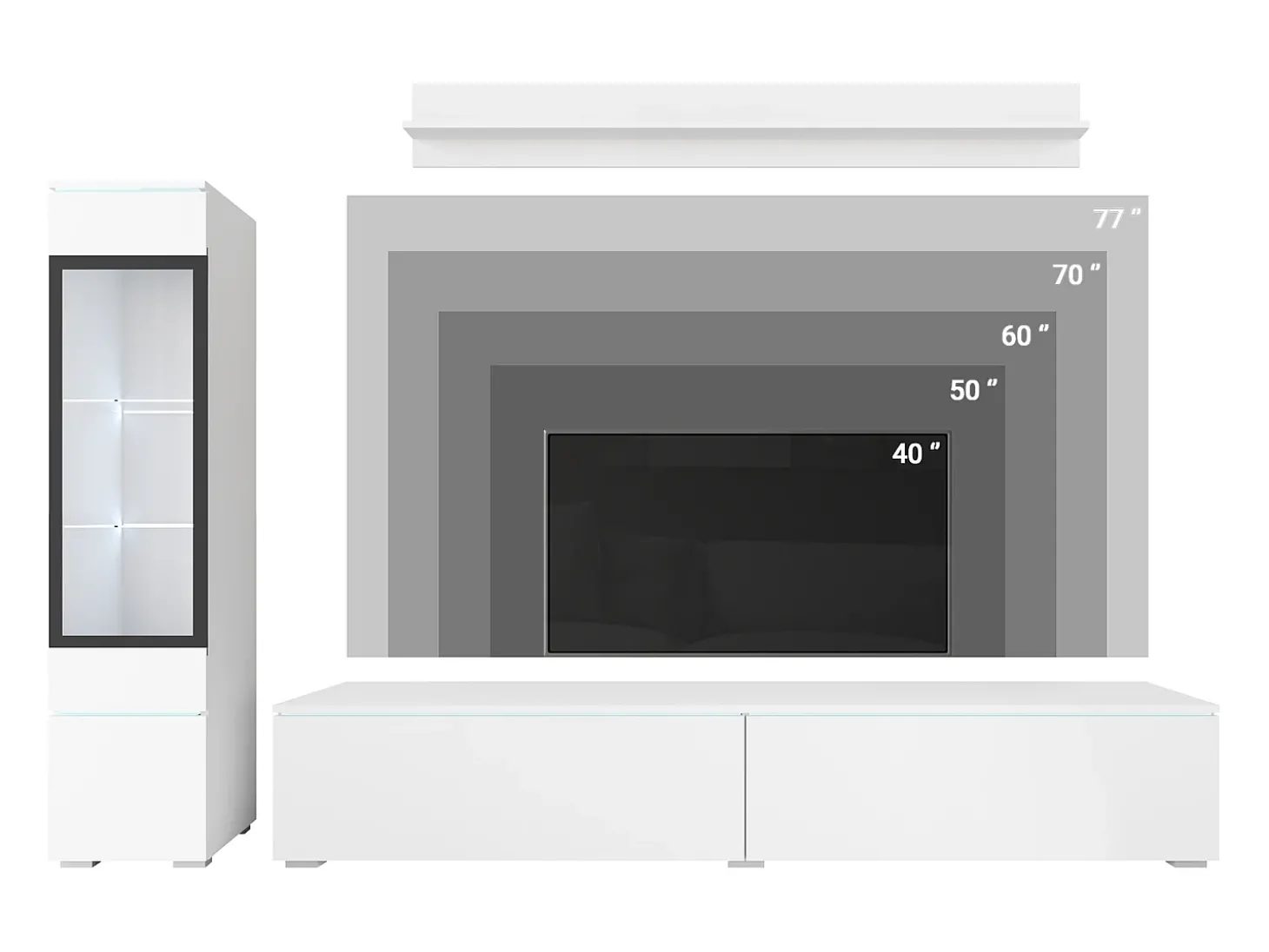 Conjunto moderno de móveis de sala 3 peças – móvel de TV 180 cm, vitrina e prateleira, corpo carvalho Wotan mate, frentes preto brilho, de pé ou suspenso