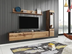 Conjunto moderno de móveis de sala 3 peças – móvel de TV 180 cm, vitrina e prateleira, carvalho Wotan mate, de pé ou suspenso
