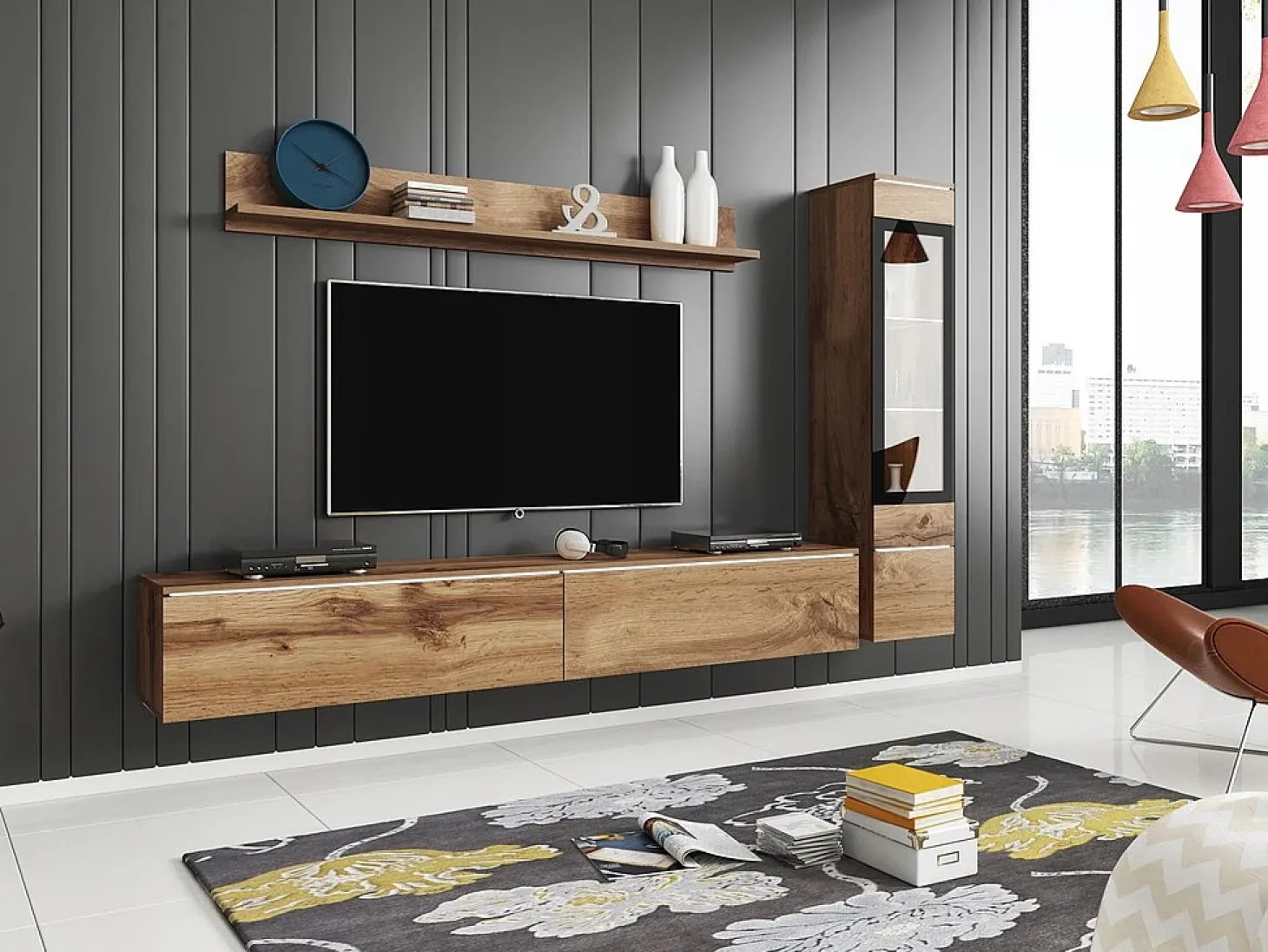 Conjunto moderno de móveis de sala 3 peças – móvel de TV 180 cm, vitrina e prateleira, carvalho Wotan mate, de pé ou suspenso