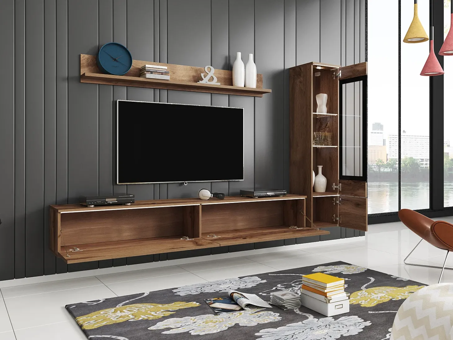 Conjunto moderno de móveis de sala 3 peças – móvel de TV 180 cm, vitrina e prateleira, carvalho Wotan mate, de pé ou suspenso