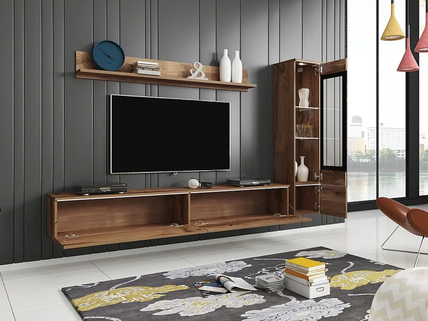Conjunto moderno de móveis de sala 3 peças – móvel de TV 180 cm, vitrina e prateleira, carvalho Wotan mate, de pé ou suspenso