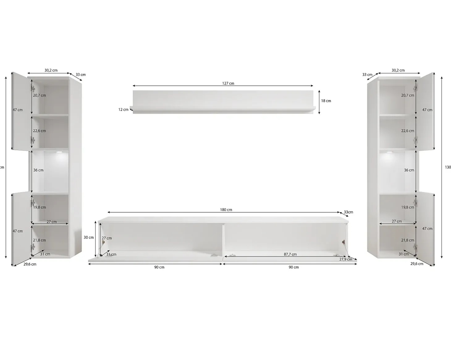 Conjunto moderno de sala 4 peças, carvalho wotan mate, 2 colunas e móvel de TV 180 cm
