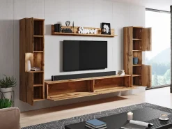 Conjunto moderno de sala 4 peças, carvalho wotan mate, 2 colunas e móvel de TV 180 cm