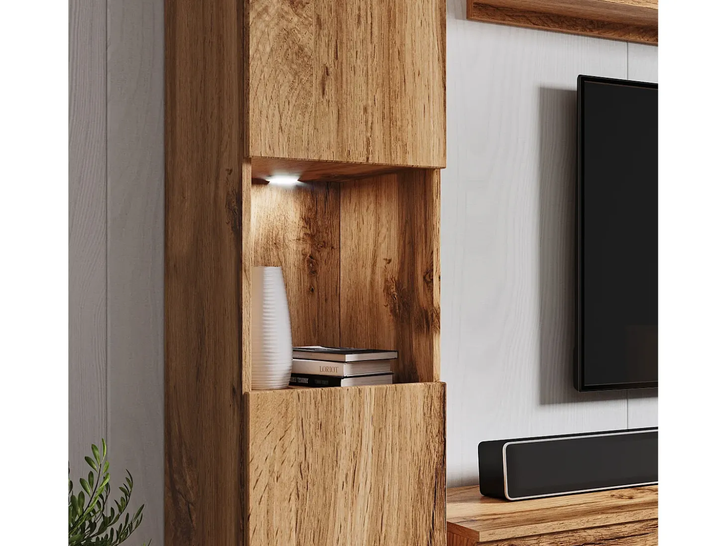 Conjunto moderno de sala 4 peças, carvalho wotan mate, 2 colunas e móvel de TV 180 cm