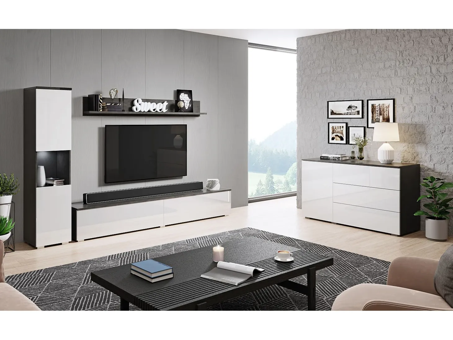 Conjunto moderno de sala 3 peças, corpo matera, frentes branco brilho, coluna e móvel de TV 180 cm