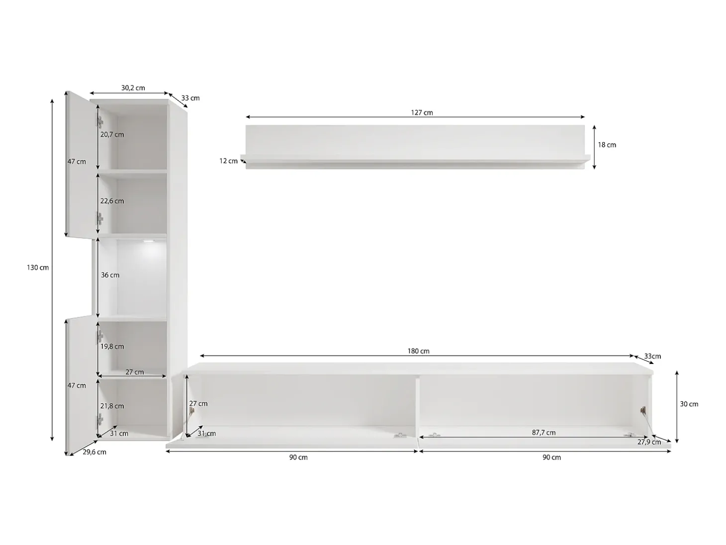 Conjunto moderno de sala 3 peças, corpo matera, frentes branco brilho, coluna e móvel de TV 180 cm