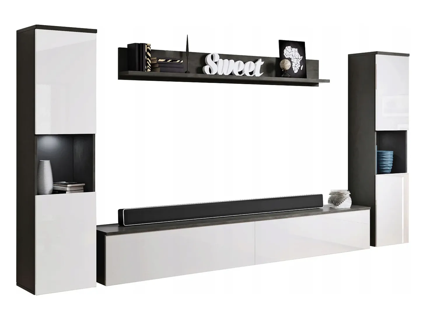 Conjunto moderno de sala 4 peças, corpo matera, frentes branco brilho, 2 colunas e móvel de TV 180 cm