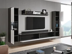 Conjunto moderno de sala 4 peças, corpo matera, frentes branco brilho, 2 colunas e móvel de TV 180 cm