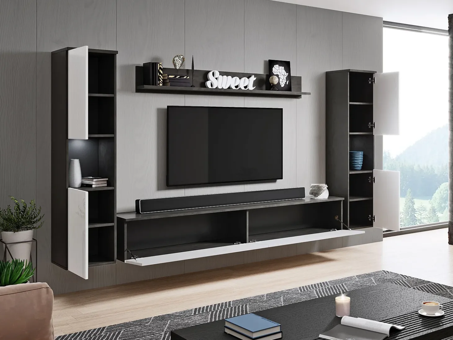 Conjunto moderno de sala 4 peças, corpo matera, frentes branco brilho, 2 colunas e móvel de TV 180 cm
