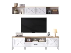 Conjunto móvel de TV 2 peças - 180x40x50 cm - Móvel de TV + vitrina de parede - 4 portas e 1 gaveta - MDF - Branco
