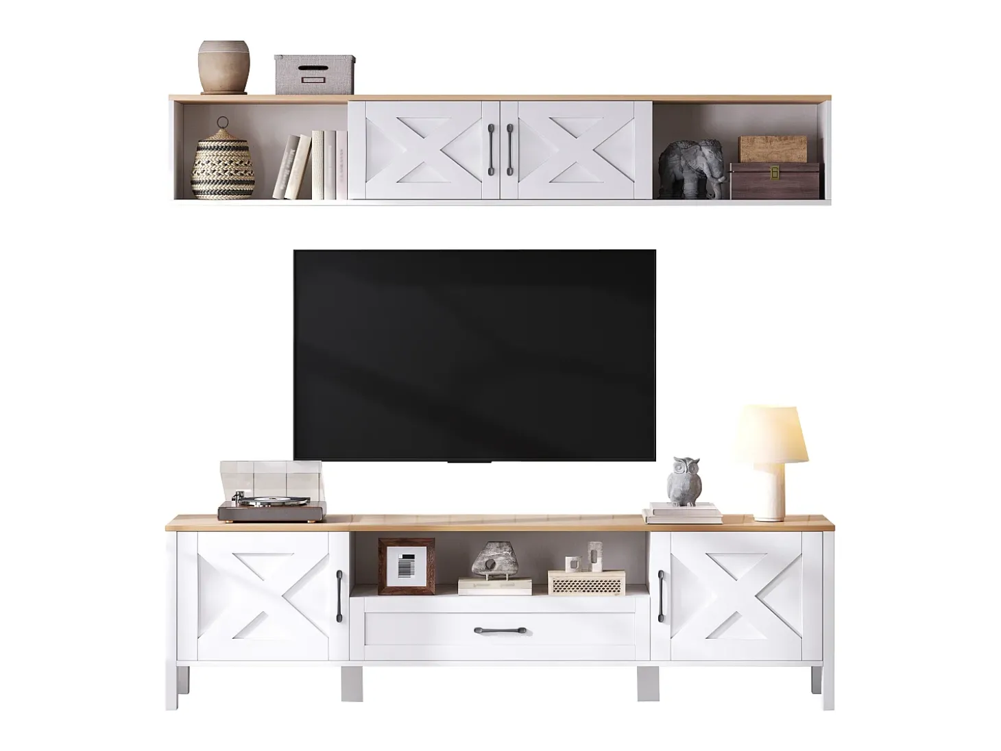 Conjunto móvel de TV 2 peças - 180x40x50 cm - Móvel de TV + vitrina de parede - 4 portas e 1 gaveta - MDF - Branco