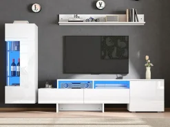 Conjunto móvel TV 3 peças - Móvel TV + vitrina + prateleira de parede - Iluminação LED - 2 portas + 2 gavetas - Acabamento brilhante - Branco