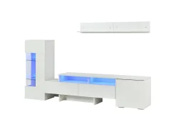 Conjunto móvel TV 3 peças - Móvel TV + vitrina + prateleira de parede - Iluminação LED - 2 portas + 2 gavetas - Acabamento brilhante - Branco