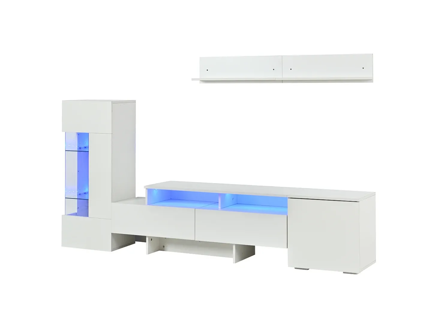Conjunto móvel TV 3 peças - Móvel TV + vitrina + prateleira de parede - Iluminação LED - 2 portas + 2 gavetas - Acabamento brilhante - Branco