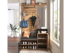 Conjunto para closet com 4 ganchos, espelho, sapateira, cabideiro de parede, prateleira e banco. (Requer furação)