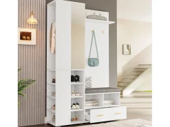 Conjunto vestiário de entrada 120x35x190cm - con 2 gavetas e compartimentos de armazenamento - con espelho e banco de sapatos - Branco
