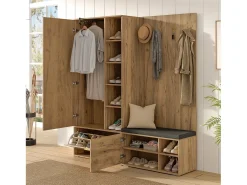 Conjunto vestiário de entrada 160x38x180cm - con 3 portas e compartimentos de armazenamento - con espelho e móvel para sapatos - con gancho - Natural