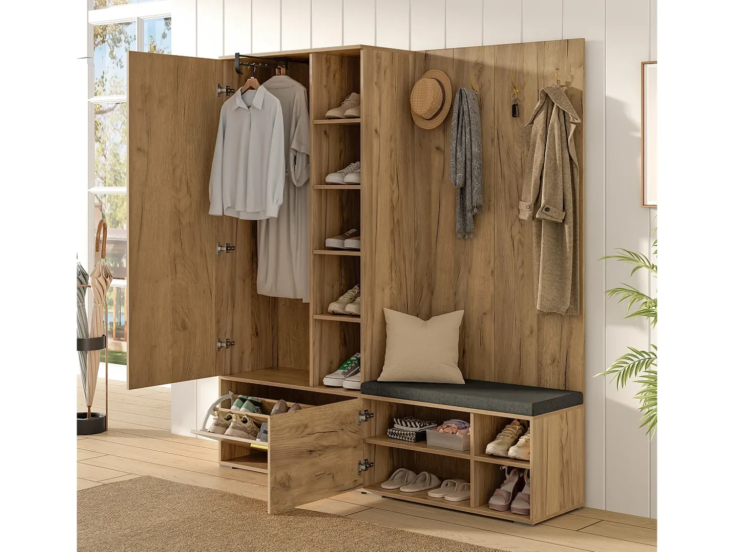 Conjunto vestiário de entrada 160x38x180cm - con 3 portas e compartimentos de armazenamento - con espelho e móvel para sapatos - con gancho - Natural