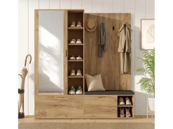 Conjunto vestiário de entrada 160x38x180cm - con 3 portas e compartimentos de armazenamento - con espelho e móvel para sapatos - con gancho - Natural