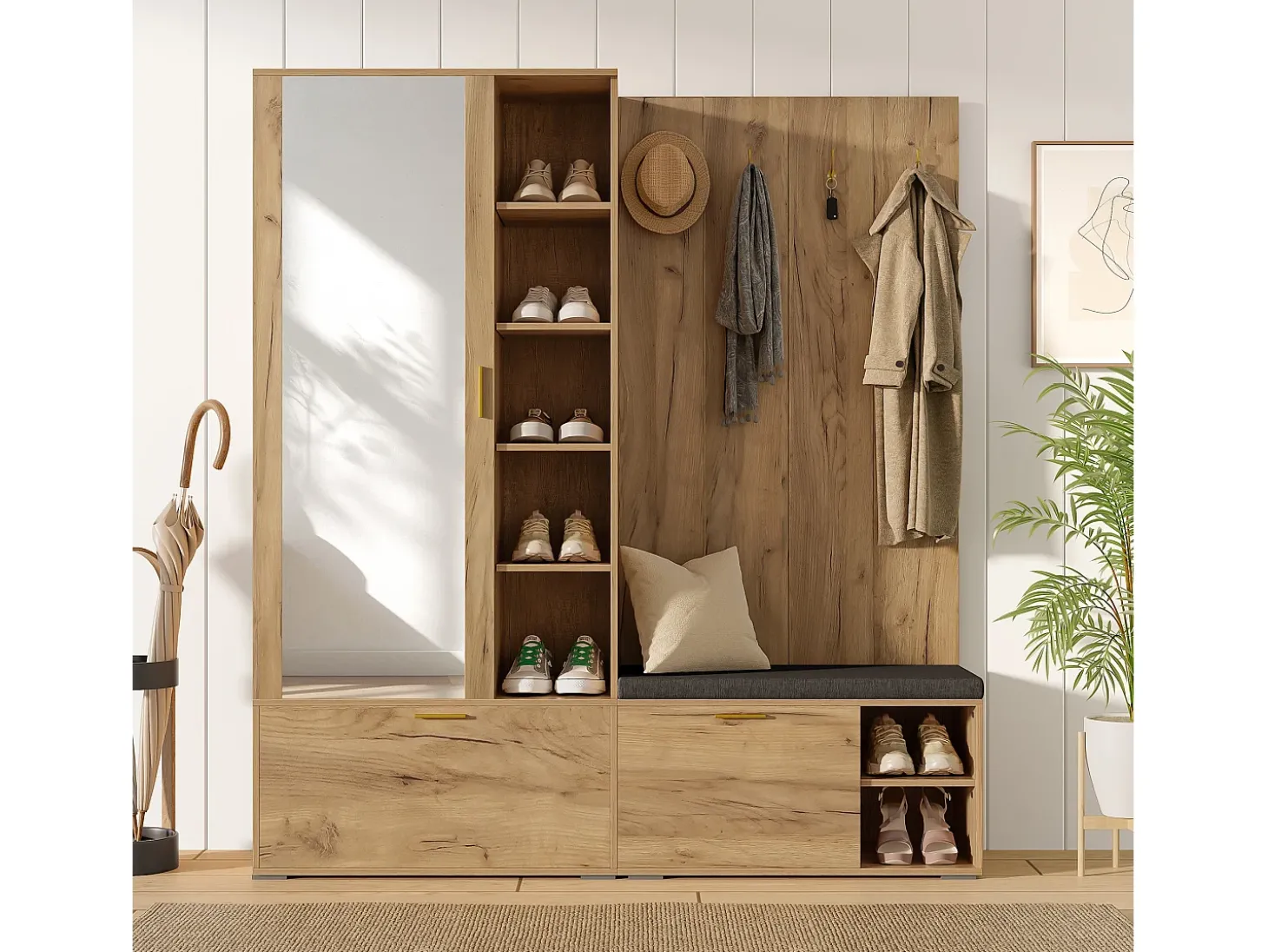 Conjunto vestiário de entrada 160x38x180cm - con 3 portas e compartimentos de armazenamento - con espelho e móvel para sapatos - con gancho - Natural