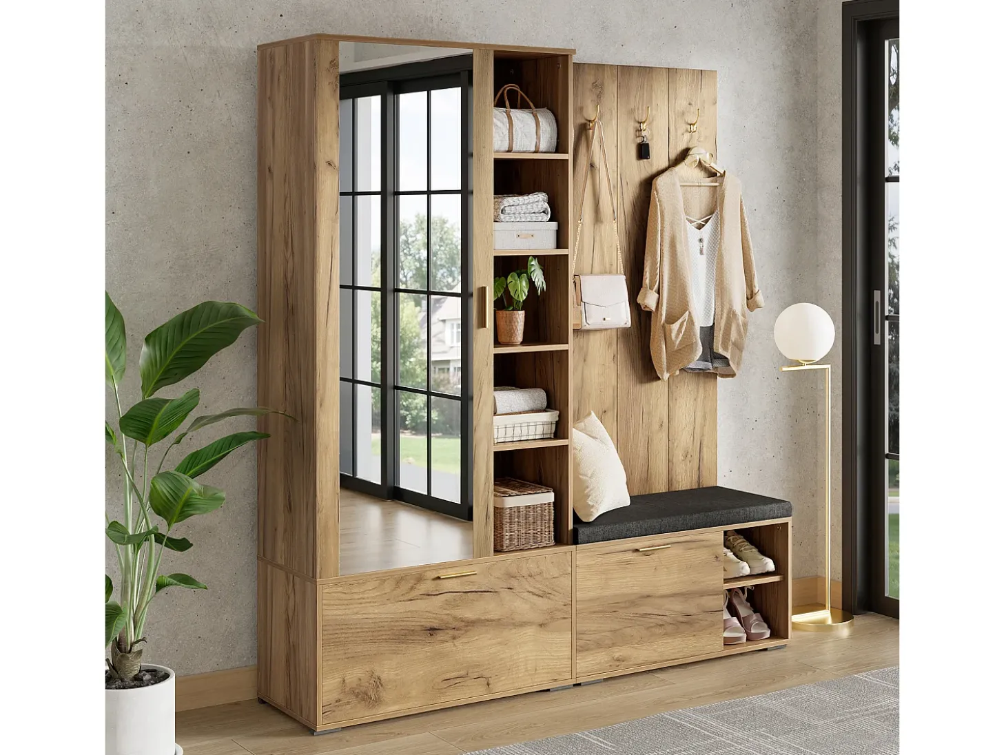 Conjunto vestiário de entrada 160x38x180cm - con 3 portas e compartimentos de armazenamento - con espelho e móvel para sapatos - con gancho - Natural